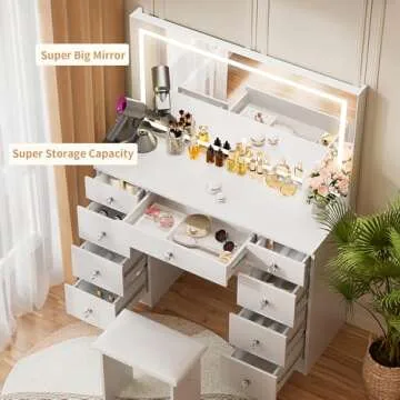 VOWNER Vanity with Lighted Mirror - Makeup Vanity Desk with Power Outlet and 9 Drawers, 3 Color Lighting Modes Adjustable Brightness, 43" Vanity Table with Soft Cushioned Stool for Bedroom, White