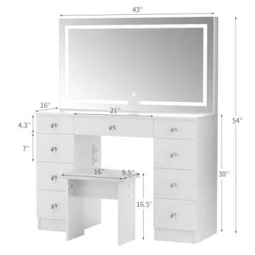 VOWNER Vanity with Lighted Mirror - Makeup Vanity Desk with Power Outlet and 9 Drawers, 3 Color Lighting Modes Adjustable Brightness, 43" Vanity Table with Soft Cushioned Stool for Bedroom, White