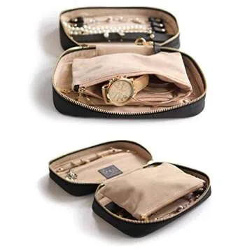 CASE ELEGANCE Black Large Jewelry Travel Case Organizer for Necklaces, Earrings, Bracelets - Removable Travel Pouch and Full-Grain Scratch-Proof Leather