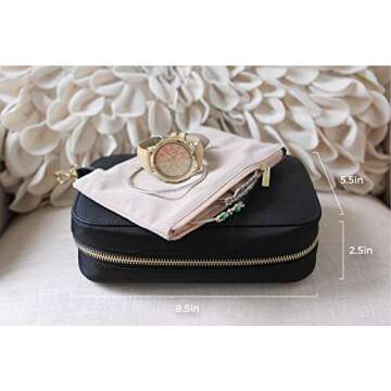 CASE ELEGANCE Black Large Jewelry Travel Case Organizer for Necklaces, Earrings, Bracelets - Removable Travel Pouch and Full-Grain Scratch-Proof Leather
