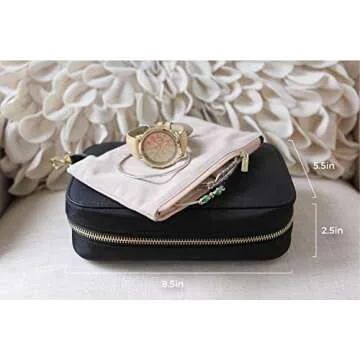 CASE ELEGANCE Black Large Jewelry Travel Case Organizer for Necklaces, Earrings, Bracelets - Removable Travel Pouch and Full-Grain Scratch-Proof Leather
