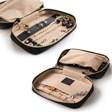 CASE ELEGANCE Black Large Jewelry Travel Case Organizer for Necklaces, Earrings, Bracelets - Removable Travel Pouch and Full-Grain Scratch-Proof Leather