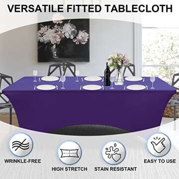 OutdoorLines Fitted Tablecloths Purple Table Cloth for 6 Foot Rectangle Table - Elastic Spandex Massage Bed Table Cover, Stretch Wrinkle Free Table Covers for Party, Wedding, Birthday, Banquet, Vendor
