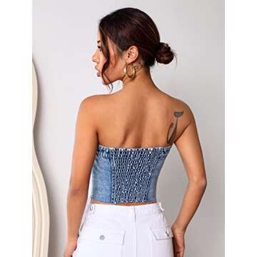 SweatyRocks Women's Strapless Button Down Slim Fit Denim Crop Tube Top with Flap Pocket Light Wash L