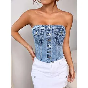 SweatyRocks Women's Strapless Button Down Slim Fit Denim Crop Tube Top with Flap Pocket Light Wash L