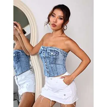 SweatyRocks Women's Strapless Button Down Slim Fit Denim Crop Tube Top with Flap Pocket Light Wash L