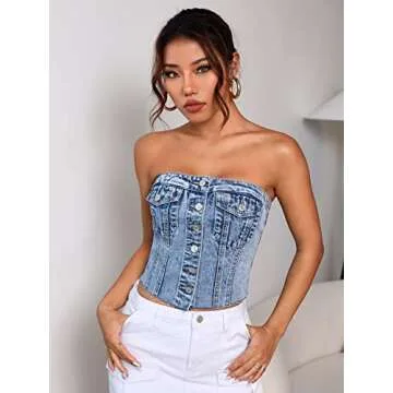 SweatyRocks Women's Strapless Button Down Slim Fit Denim Crop Tube Top with Flap Pocket Light Wash L