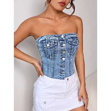 SweatyRocks Women's Strapless Button Down Slim Fit Denim Crop Tube Top with Flap Pocket Light Wash L