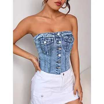 SweatyRocks Women's Strapless Button Down Slim Fit Denim Crop Tube Top with Flap Pocket Light Wash L