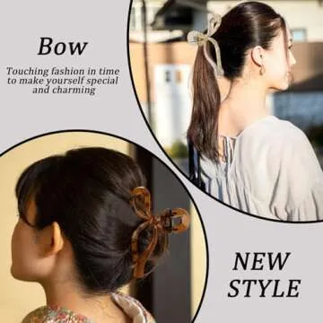 Cute Bow Hair Claw Clips Set for Women and Teens - 3 Pcs Plastic Nonslip Fashion Hair Accessories in Pink, Teal, and Champagne