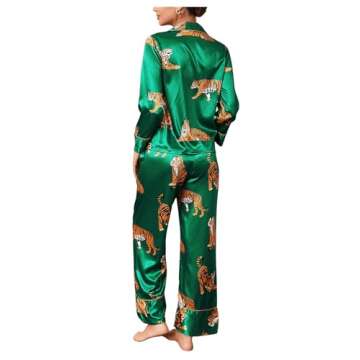 WDIRARA Women's Sleepwear Striped Satin Short Sleeve Shirt and Pants Pajama Set Green Tiger XL