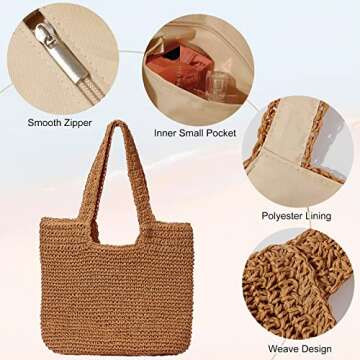 Beach Bags for Women - Summer Soft Large Woven Shoulder Purse Handbag, Beach Tote Straw Bag for Summer Vacation, Brown