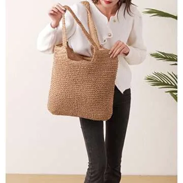Beach Bags for Women - Summer Soft Large Woven Shoulder Purse Handbag, Beach Tote Straw Bag for Summer Vacation, Brown