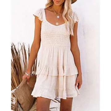 Women's Casual Summer Mini Dress Smocked Ruffles Sun Beach Babydoll Dress Layered Flowy Swing Dresses