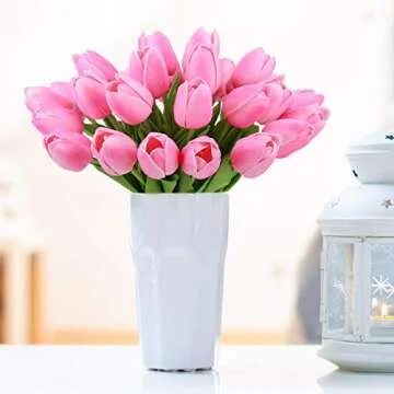 BOMAROLAN Artificial Tulip Fake Holland Mini Tulip Real Touch Flowers 24 Pcs for Wedding Decor DIY Home Party (Pink)