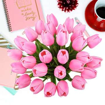BOMAROLAN Artificial Tulip Fake Holland Mini Tulip Real Touch Flowers 24 Pcs for Wedding Decor DIY Home Party (Pink)