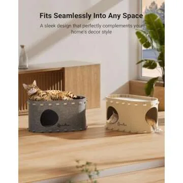 DownyPaws Cat House for Indoor Cats, Cat Bed Cave for Multiple & Large Cats Up to 22 Lbs, Scratch Resistant Peekaboo Cat Caves, Foldable Cat Tunnel Enclosed Bed, PeekaPurr, Cream, Light Gray