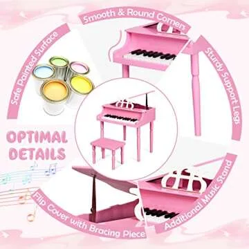 Goplus 30-Key Classical Kids Piano, Mini Grand Piano Wooden Learn-to-Play Musical Instrument Toy with Bench, Piano Lid, Music Rack, Gift for Boys Girls Aged 2+ Baby Toddler(4 Straight Leg-Pink)