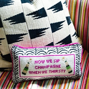 FURBISH Handmade Needlepoint Decorative Throw Pillow - We Sip Champagne - 8" x 14" - Small Embroidered Accent Pillow for Bed, Chair, Couch, Sofa - Aesthetic Room Decor