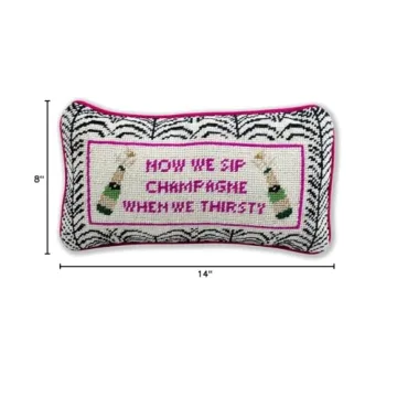 FURBISH Handmade Needlepoint Decorative Throw Pillow - We Sip Champagne - 8" x 14" - Small Embroidered Accent Pillow for Bed, Chair, Couch, Sofa - Aesthetic Room Decor
