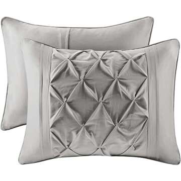 Comfort Spaces Cavoy Comforter Set - Luxe Diamond Tufting, All Season Bedding, Matching Bed Skirt, Decorative Pillows, Queen, Faux Silk Gray 5 Piece