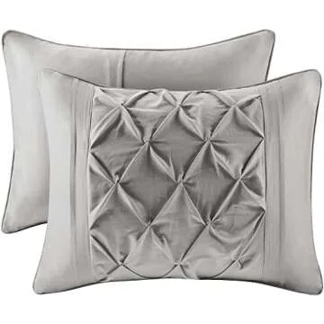 Comfort Spaces Cavoy Comforter Set - Luxe Diamond Tufting, All Season Bedding, Matching Bed Skirt, Decorative Pillows, Queen, Faux Silk Gray 5 Piece