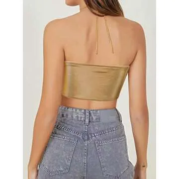 krtwrnt Women's Gold Crop Halloween Gold Bra Festival Clothing Halter Tie Bustier Space Cowgirl Spar...