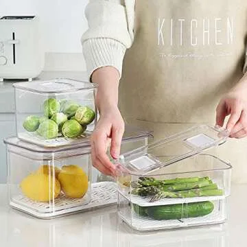 SANNO Fridge Food Storage Containers Produce Saver FreshWorks Produce Food Storage Container Bin Stackable Refrigerator Kitchen Organizer Keeper, with Removable Drain Tray to Keep Fresh