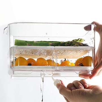 SANNO Fridge Food Storage Containers Produce Saver FreshWorks Produce Food Storage Container Bin Stackable Refrigerator Kitchen Organizer Keeper, with Removable Drain Tray to Keep Fresh