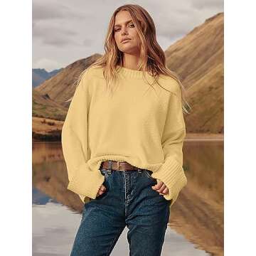 Prinbara Womens Oversized Sweater Crewneck Long Sleeve Fuzzy Knit Chunky Warm Pullover Sweaters Top 2024 Winter Trendy Outfit Yellow X-Large