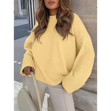 Prinbara Womens Oversized Sweater Crewneck Long Sleeve Fuzzy Knit Chunky Warm Pullover Sweaters Top 2024 Winter Trendy Outfit Yellow X-Large