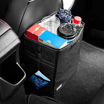 ROYAMY Car Trash Can with Lid,Car Trash Bag Hanging with Storage Pockets-Collapsible and Portable Car Garbage Can-100% Leak-Proof Vinyl Inside Lining (2.65 gal)