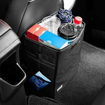ROYAMY Car Trash Can with Lid,Car Trash Bag Hanging with Storage Pockets-Collapsible and Portable Car Garbage Can-100% Leak-Proof Vinyl Inside Lining (2.65 gal)