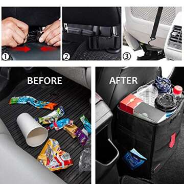 ROYAMY Car Trash Can with Lid,Car Trash Bag Hanging with Storage Pockets-Collapsible and Portable Car Garbage Can-100% Leak-Proof Vinyl Inside Lining (2.65 gal)