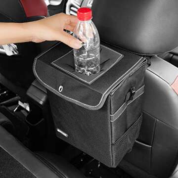 ROYAMY Car Trash Can with Lid,Car Trash Bag Hanging with Storage Pockets-Collapsible and Portable Car Garbage Can-100% Leak-Proof Vinyl Inside Lining (2.65 gal)