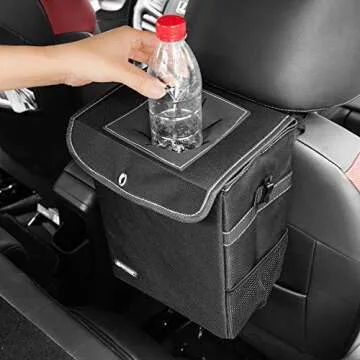 ROYAMY Car Trash Can with Lid,Car Trash Bag Hanging with Storage Pockets-Collapsible and Portable Car Garbage Can-100% Leak-Proof Vinyl Inside Lining (2.65 gal)