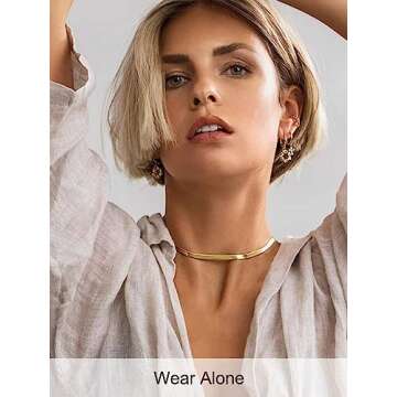 Flat Chain Necklace for Women Men 18k Gold Plated Snake Chain Necklace 15 Inch 5MM Choker Chain