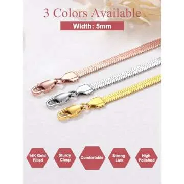 Flat Chain Necklace for Women Men 18k Gold Plated Snake Chain Necklace 15 Inch 5MM Choker Chain