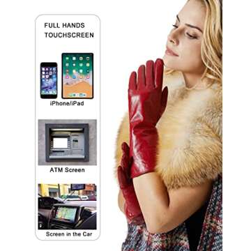 VIKIDEER Women's Leather Gloves Long Sleeves Full Touchscreen Winter Warm Lined Elegant Type Red Mid...