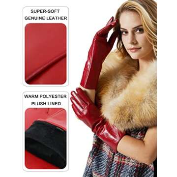 VIKIDEER Women's Leather Gloves Long Sleeves Full Touchscreen Winter Warm Lined Elegant Type Red Midium