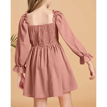 Little Girls Kids Summer Chiffon Ruffle Mini Dress Square Neck Lantern Sleeve Short Dress Tulle Smocked Pink