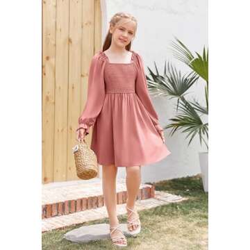 Little Girls Kids Summer Chiffon Ruffle Mini Dress Square Neck Lantern Sleeve Short Dress Tulle Smocked Pink