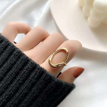 Oval Round Loop Open Statement Ring for Women Fashion 18K Gold Plated Ring Classic Oval Adjustable R...