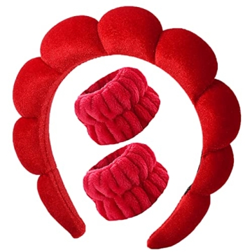 Luckybear Spa Headband Set - Luxurious Velvet Skincare Headband and Wristbands for Women, Red