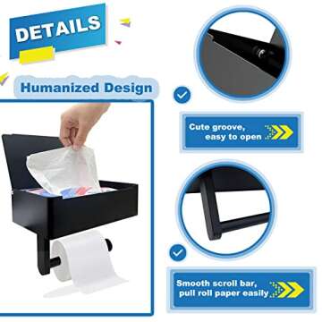 Matte Toilet Paper Holder with Shelf，Stainless Steel Wall Mounted Toilet Paper Holder with Flushable Wipes Dispenser，Reversible Flushable Wipes Dispenser, and Storage for Bathroom - Grooved Black