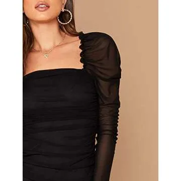 WDIRARA Women's Square Neck Mesh Overlay Puff Long Gigot Sleeve Frill Trim Bodycon Dress Black Pure M