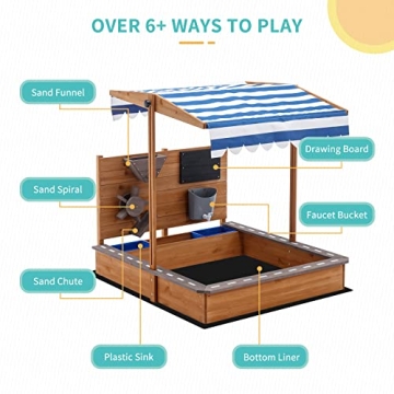 Kids Large Wooden Sandbox with Adjustable Roof and Funnel