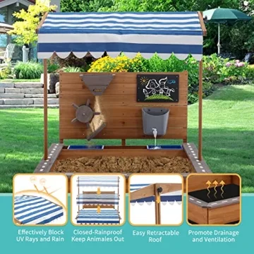 Kids Large Wooden Sandbox with Adjustable Roof and Funnel