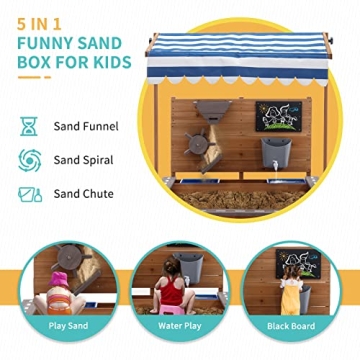 Kids Large Wooden Sandbox with Adjustable Roof and Funnel