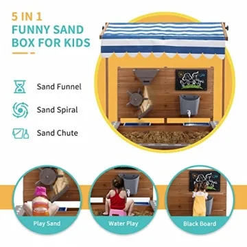 Kids Large Wooden Sandbox with Adjustable Roof and Funnel